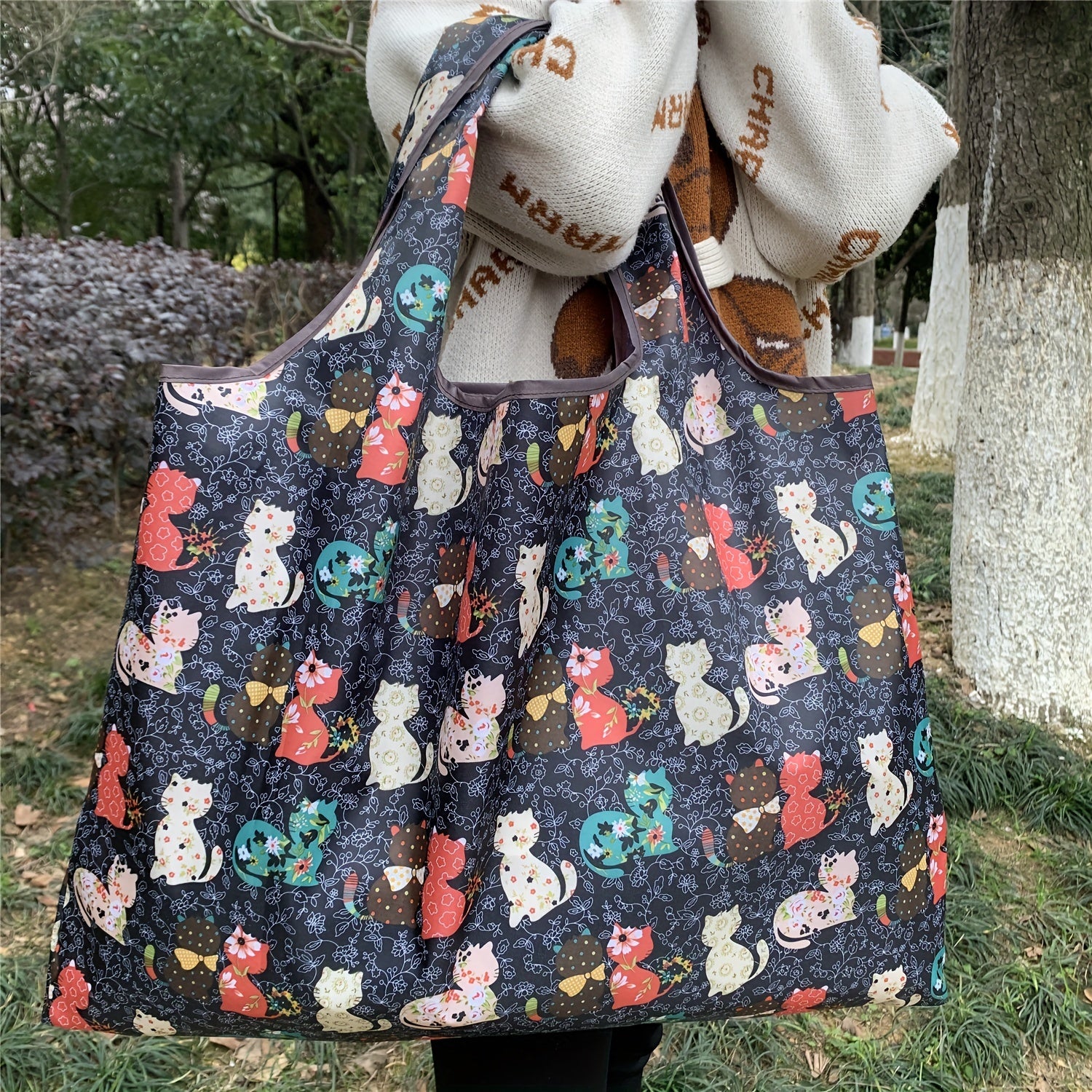 Large Capacity Shoulder Nylon Bag Cartoon Cats Print Foldable Shopper Bag