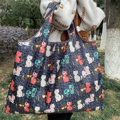 Large Capacity Shoulder Nylon Bag Cartoon Cats Print Foldable Shopper Bag