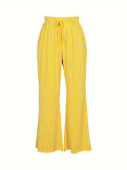  Solid Velvet Ribbed Drawstring Elastic Wide Leg Trousers