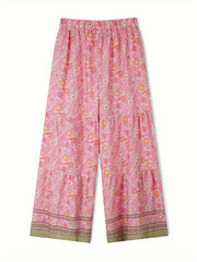 Boho Plus Size Wide Leg Pants Floral Tassel Drawstring