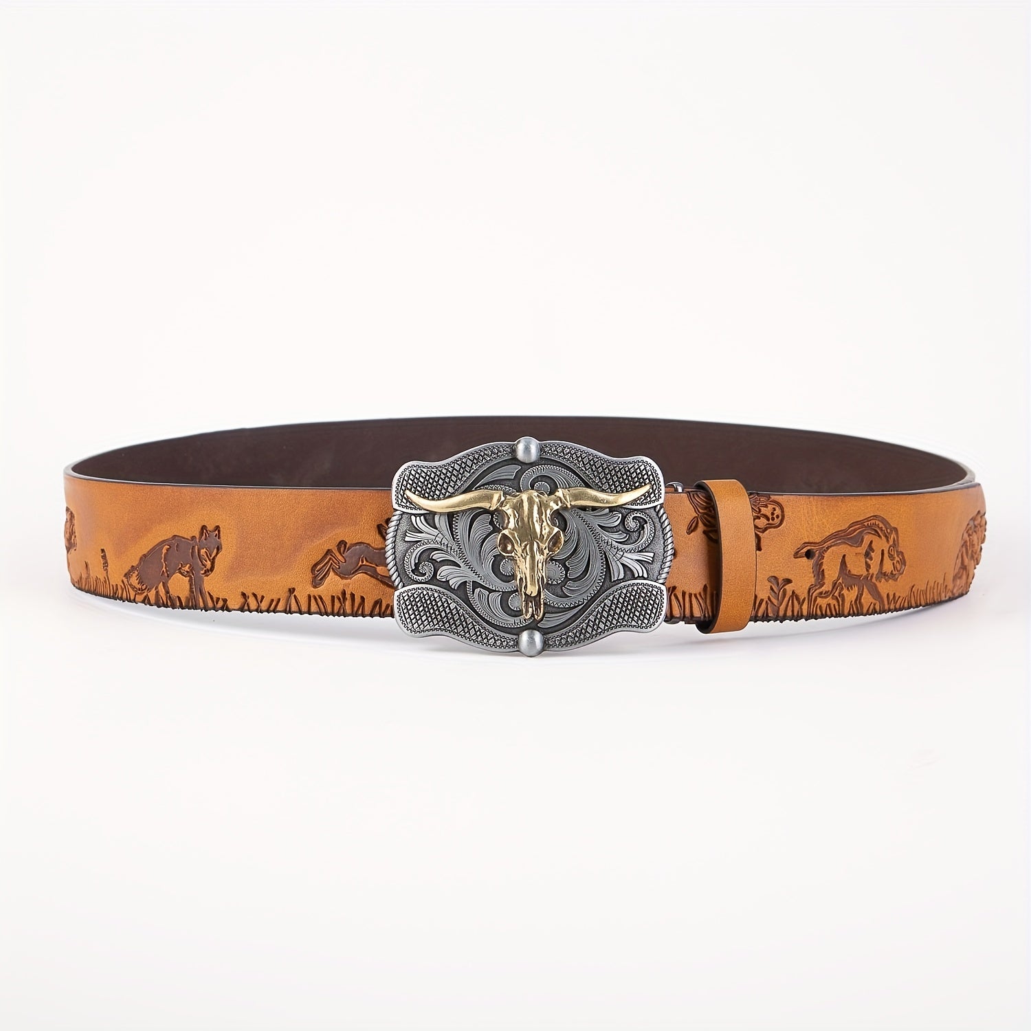 Men's Leather Belt Retro Embossed Western Cowboy Buckle Punk Style Belt
