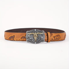 Men's Leather Belt Retro Embossed Western Cowboy Buckle Punk Style Belt