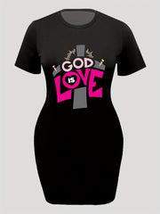  Casual Dress Cross & Letter Print Short Sleeve Tee Dress
