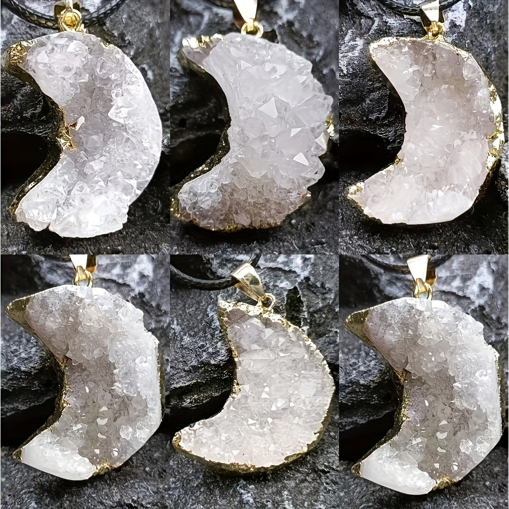 Natural Crystal Stone Moon Pendant Necklace Rough Stone Electroplated