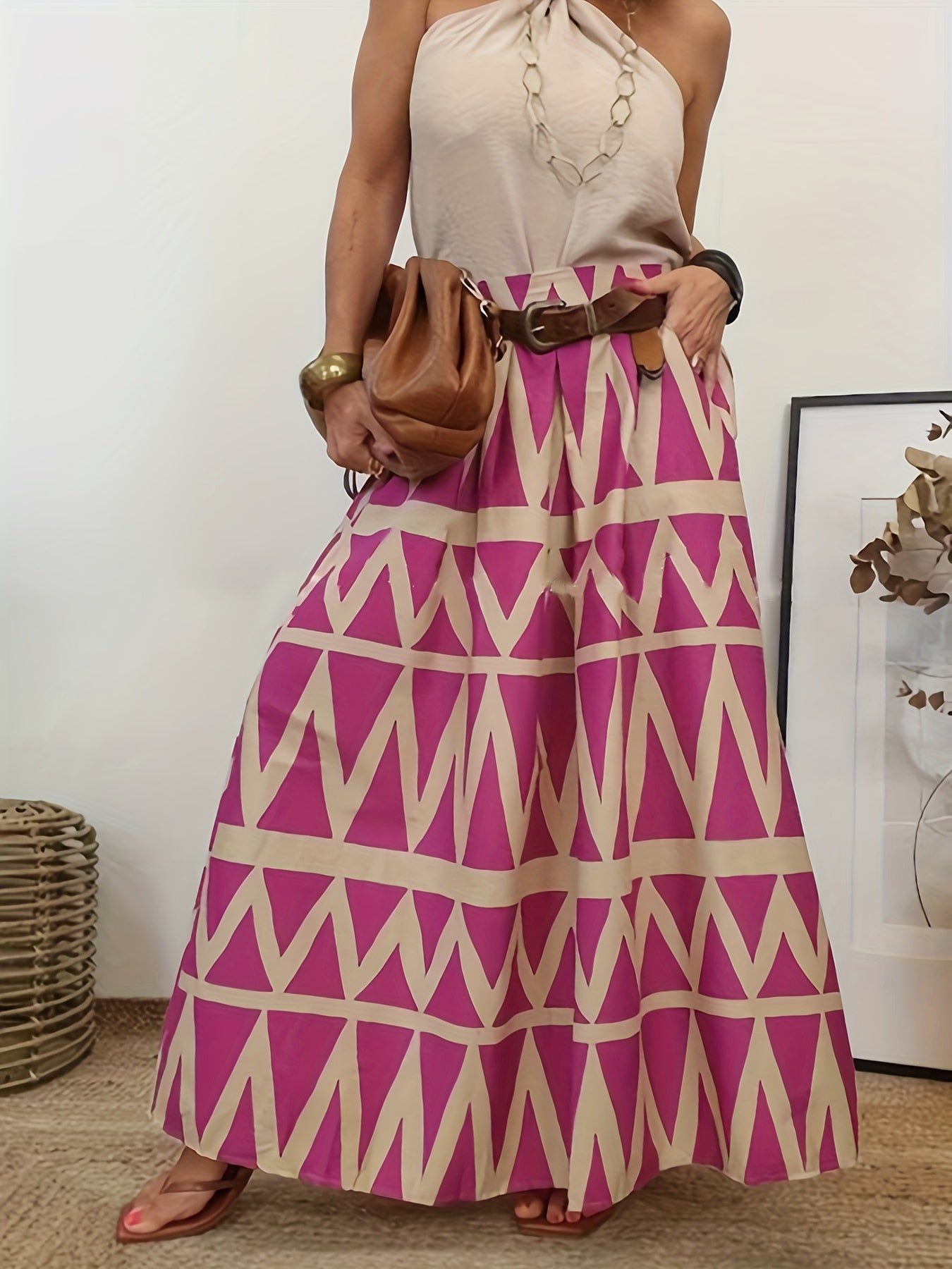  Ethnic Style Skirt Women's Plus Geometric Print A line Maxi Skirt