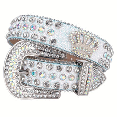 Crown Rhinestone PU Leather Belt Western Cowboy Crown Belt