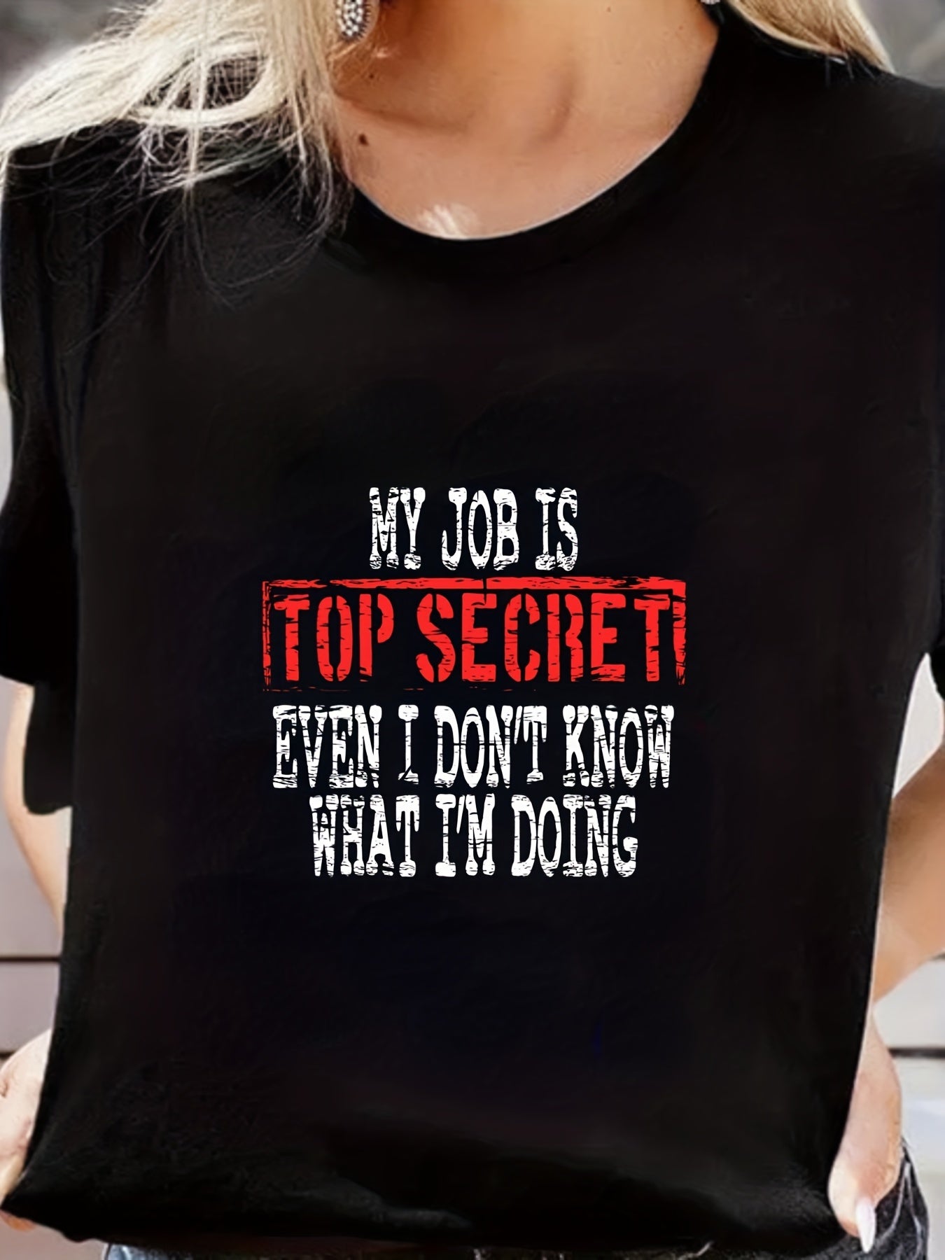 Letter Print Round Neck Casual T Shirts Mid Stretch Short Sleeve
