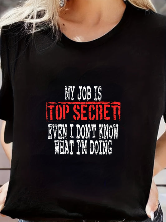 Letter Print Round Neck Casual T Shirts Mid Stretch Short Sleeve