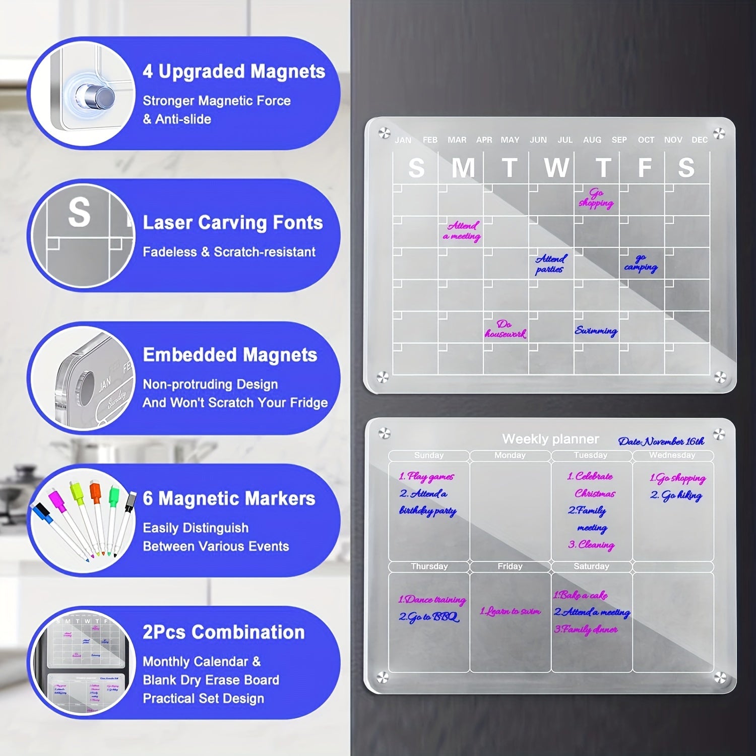 Magnetic Acrylic Calendar For Fridge 2 Pcs Clear Dry Erase Board