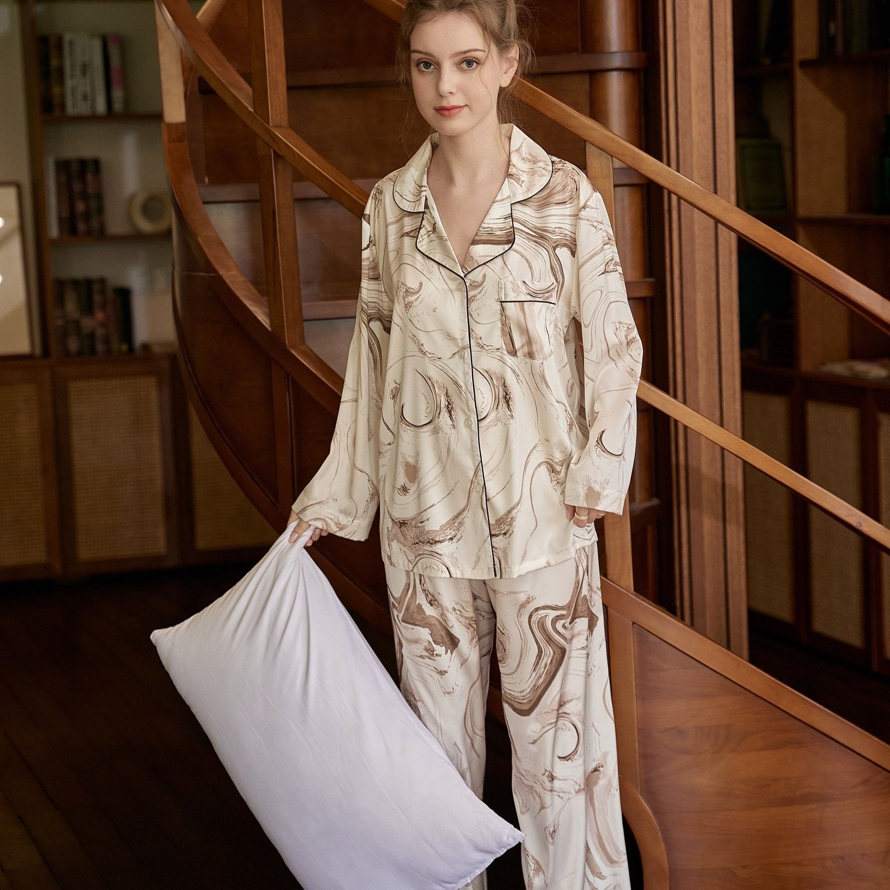 Ink Print Pajama Set Long Sleeve Top & Elastic Waistband Pants