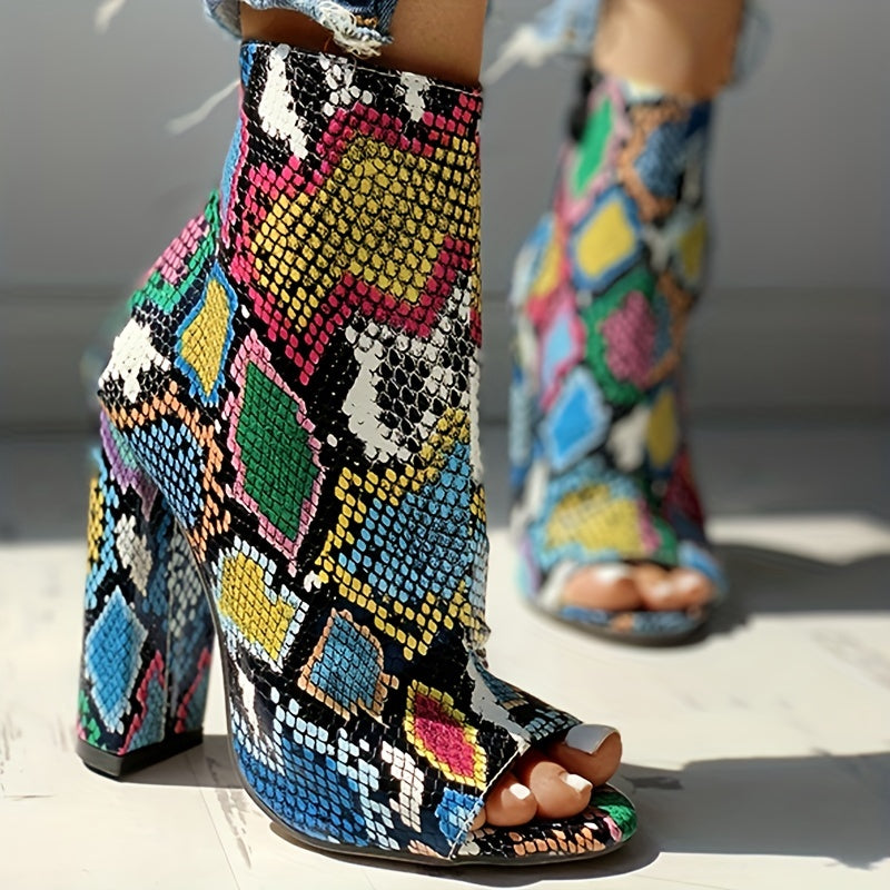 Multicolor Snakeskin Pattern Peep Toe Ankle Boots
