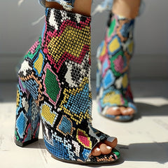 Multicolor Snakeskin Pattern Peep Toe Ankle Boots