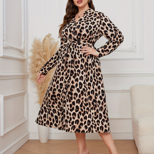  Leopard Print V Neck Midi Dress With Belt
