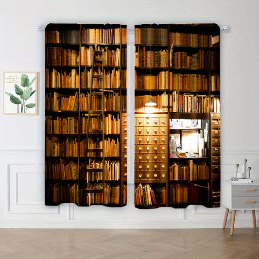 2pcs Bookshelf Print Curtains for Study Room Rod Pocket Window Drapes