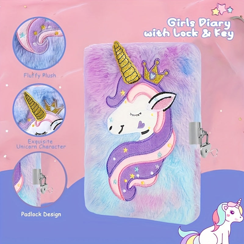 Unicorn Plush Notebook with Heart Lock & Key