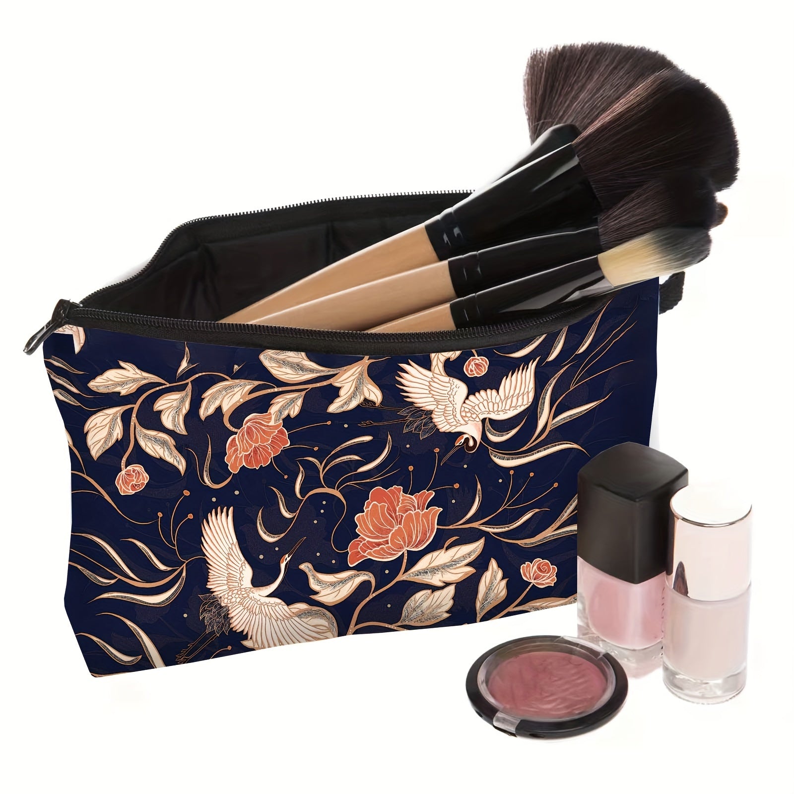 Chinese Peony Crane Print Makeup Pouch Retro Cosmetic Travel Bag