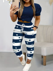  Solid Top & Print Drawstring Pants Outfits Two Piece Set