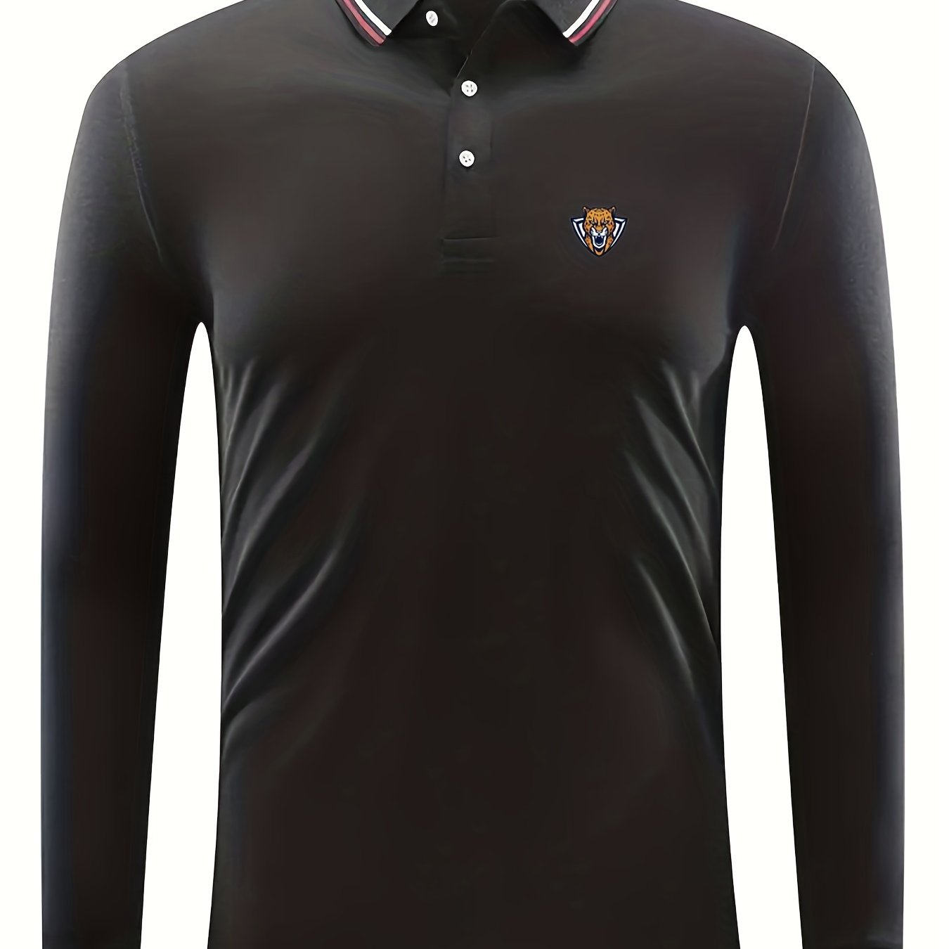 Men's Leopard Head Print Long Sleeve Polo Shirt Casual Slightly Stretch