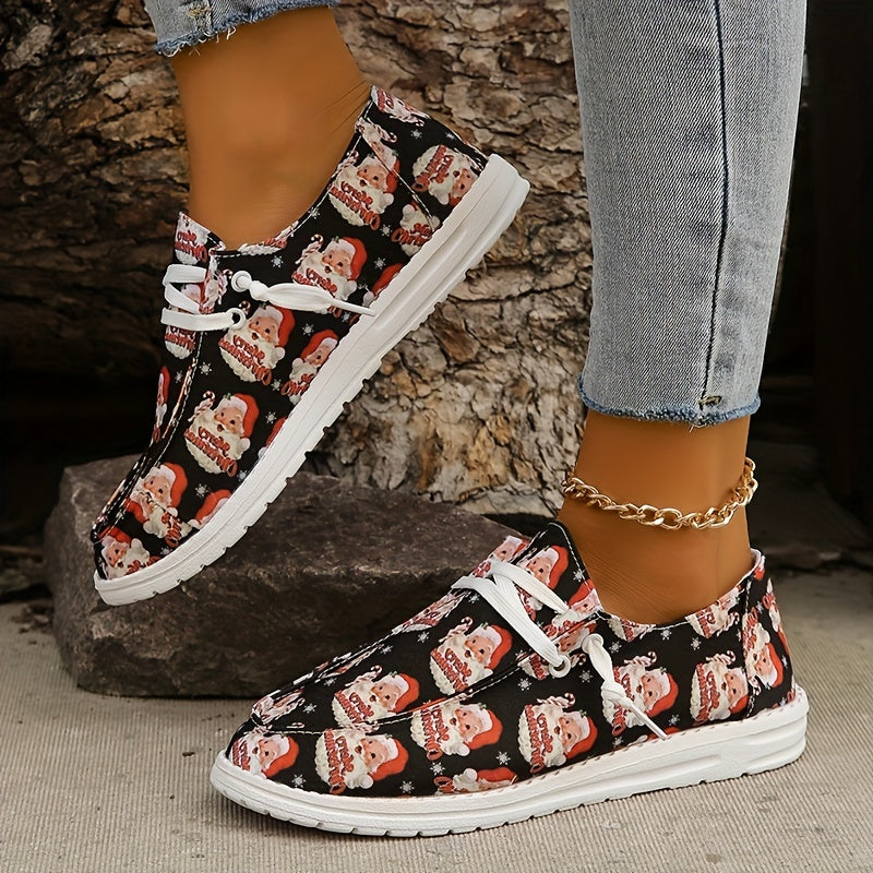Women's Santa Print Slip On Shoes Round Toe Flat Lightweight