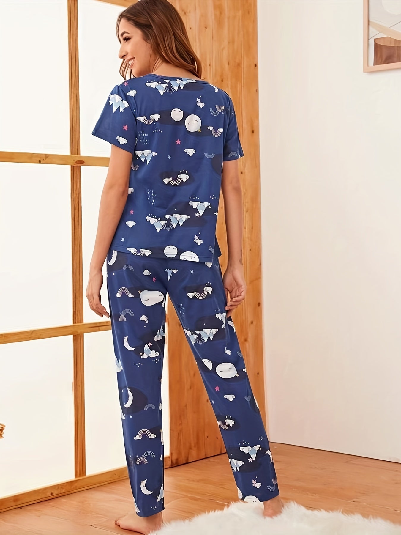 Starry Print PJ Set Short Sleeve Top & Pants Women's Sleepwear