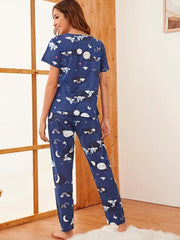Starry Print PJ Set Short Sleeve Top & Pants Women's Sleepwear