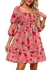 Floral Print Shirred Square Neck Dress Casual Three quarter Sleeve Dress