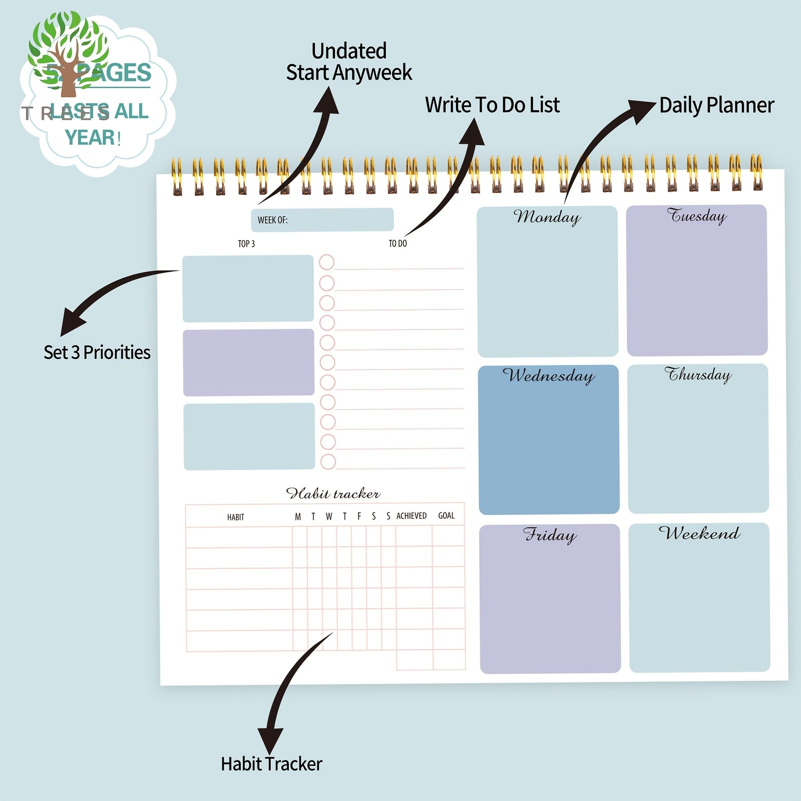 Trees Weekly Planner Spiral Notepad To Do List Habit Tracker 52