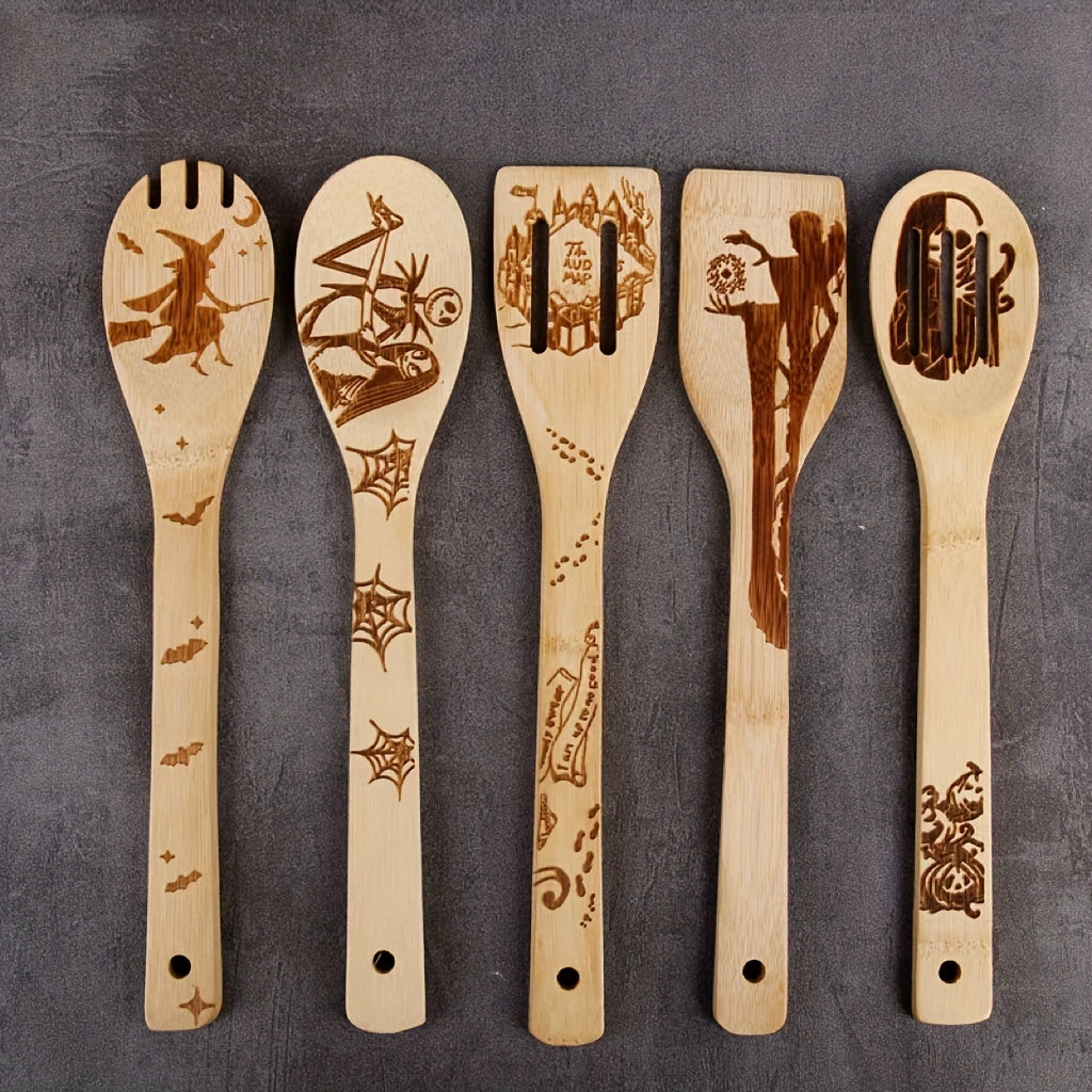 5pcs Bamboo Halloween Kitchen Utensils Set - Non-stick Cooking Tools