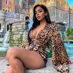 Leopard Print Flared Sleeve Jumpsuit V Neck Spring & Summer Women's Clothing