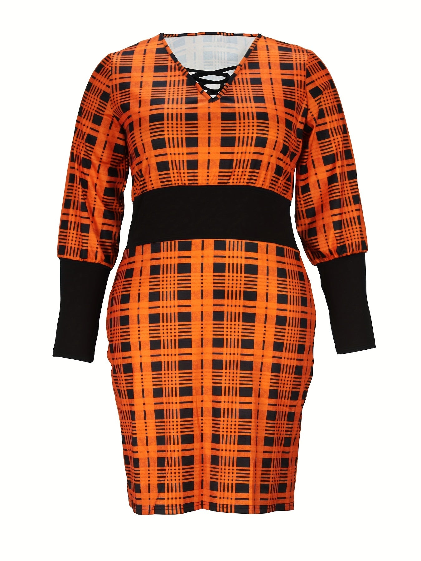  Colorblock Plaid Print Lace Up Lantern Sleeve Dress