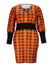  Colorblock Plaid Print Lace Up Lantern Sleeve Dress