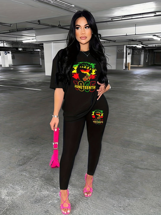 Graphic Print Two piece Set Drop Shoulder Short Sleeve T Shirt & Skinny Leggings