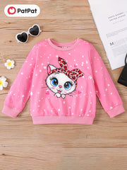 Toddler Girls Cat Print Long Sleeve Pullover Sweatshirt