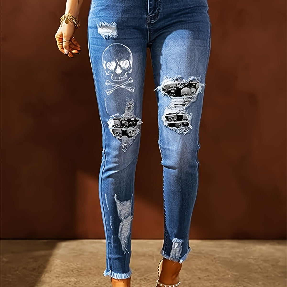  Women's Skull Print Ripped High Stretch Jeans