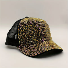 Golden Rhinestone Baseball Cap Mesh Hip Hop Trucker Hat