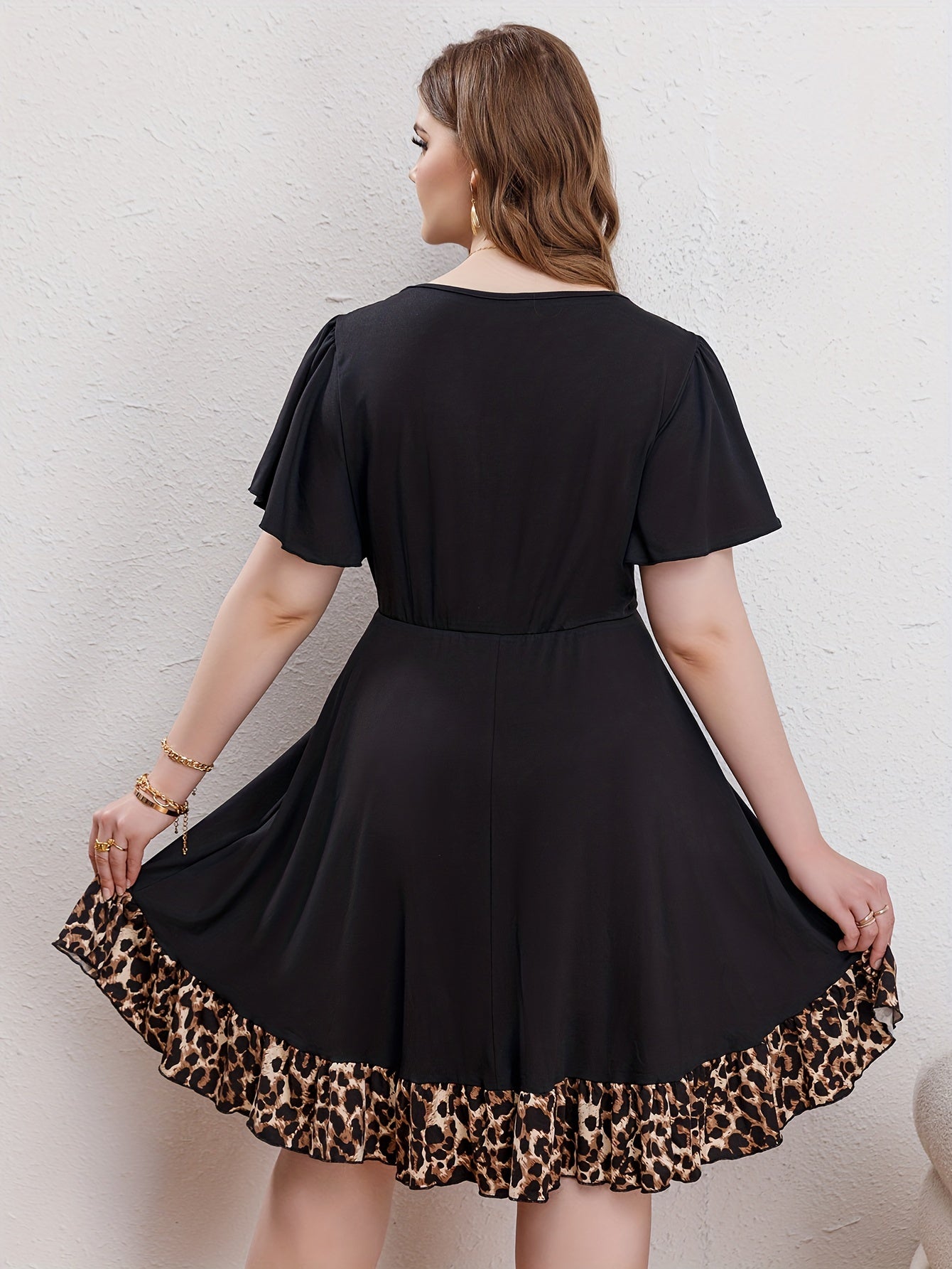 Women's Plus Colorblock Leopard Print Contrast Lace Dress
