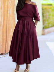  Solid Bubble Sleeve Maxi Dress With Belt