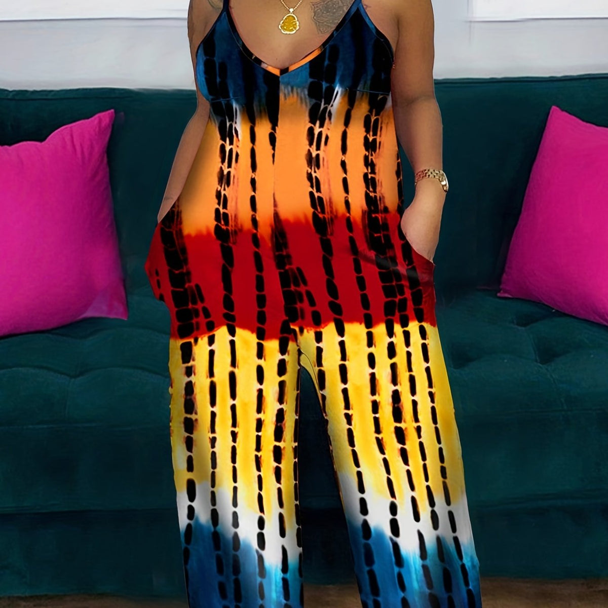  Tie Dye V Neck Wide Leg Jumpsuit