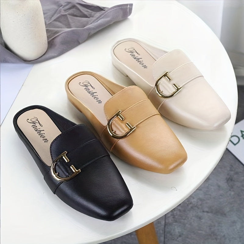 Square Toe Flat Mules with D Buckle Slip On Slide Shoes