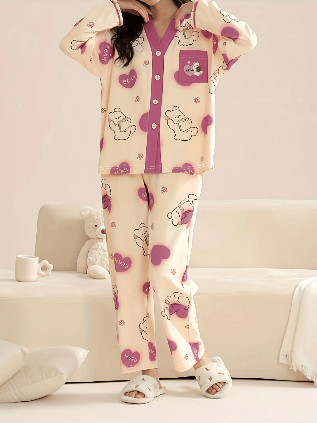 Bear Print Pajama Set Long Sleeve Top & Pants