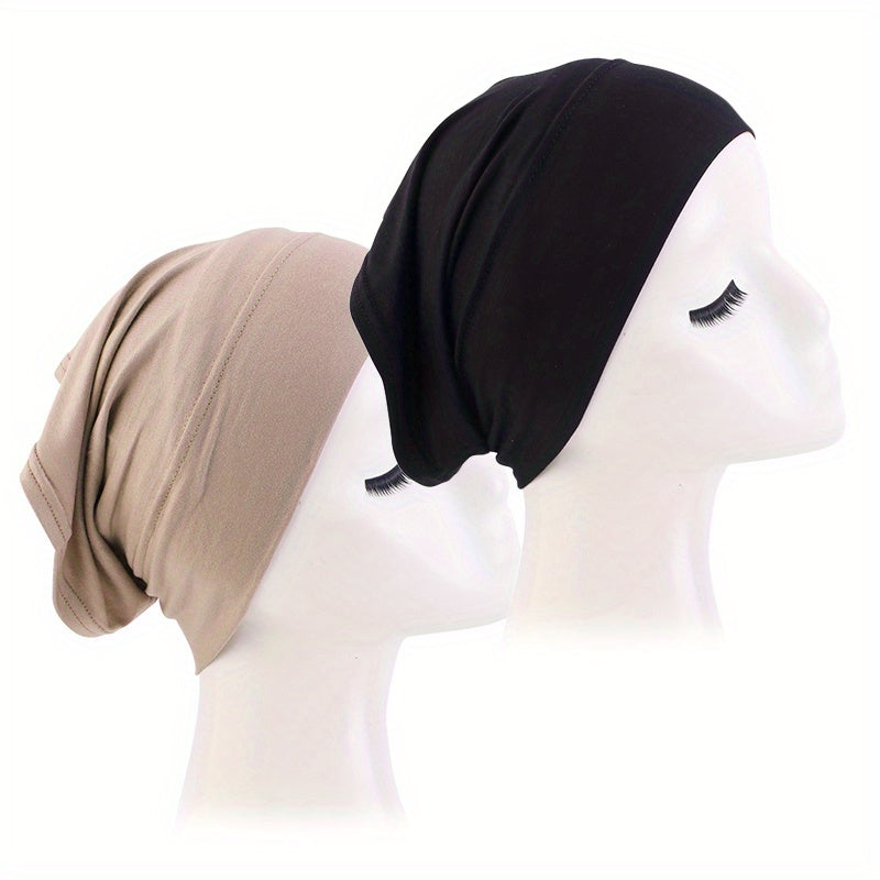 2pcs Soft Elastic Inner Cap Lightweight Head Wrap Soft Underscarf Beanie Cap