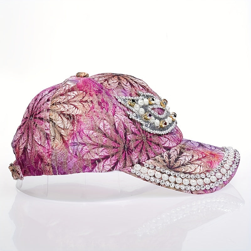 Rhinestone Baseball Cap Y2K Faux Pearl Leaf Flower Hat