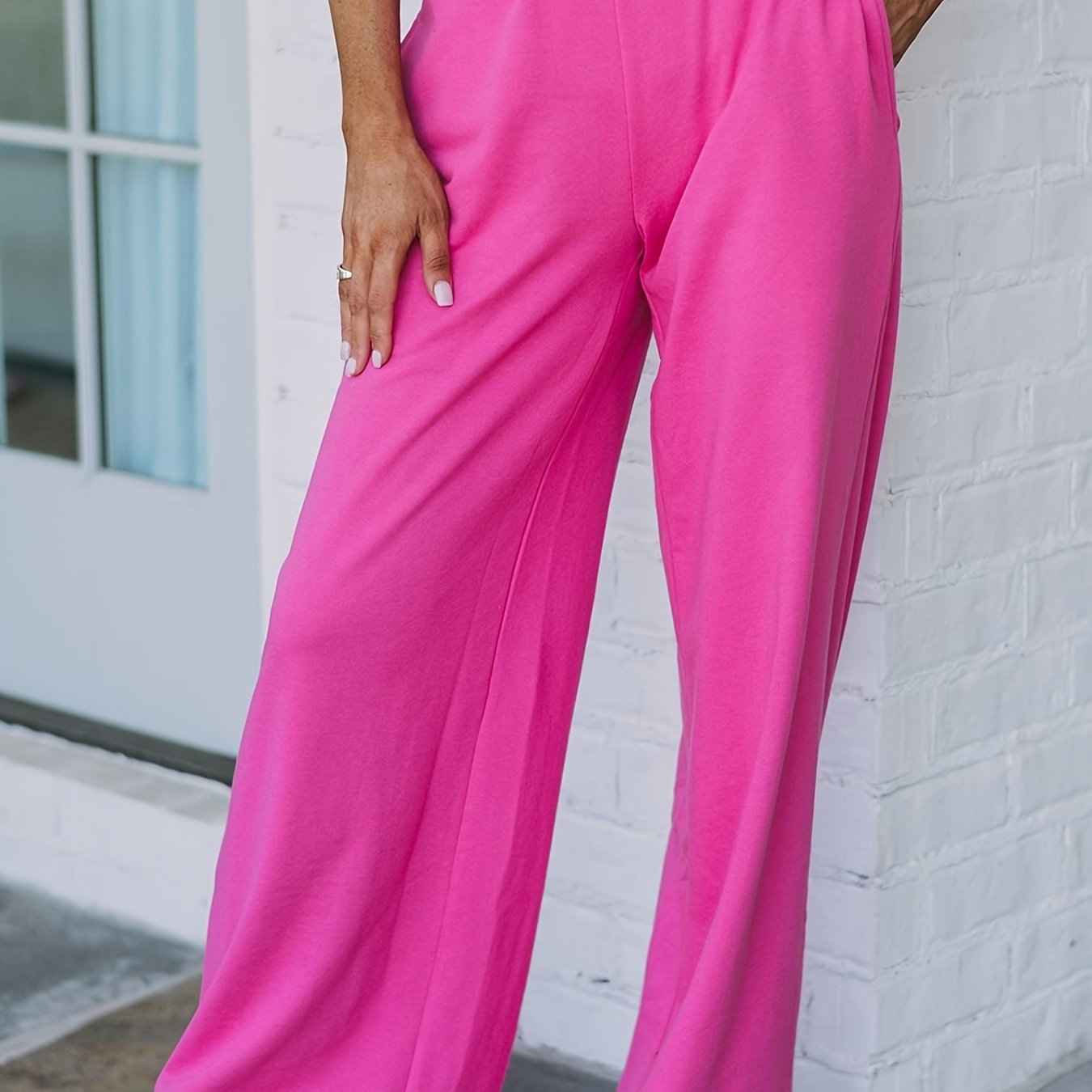 Solid Elastic High Rise Wide Leg Trousers