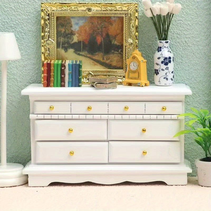 1:16 Dollhouse Furniture Wooden Cabinet w/ 3 Drawers & Golden Knobs