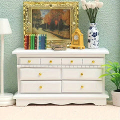 1:16 Dollhouse Furniture Wooden Cabinet w/ 3 Drawers & Golden Knobs