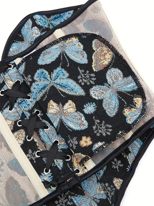 Butterfly Pattern Strapless Corset Tummy Control Lace Up Slimmer Body Shaper