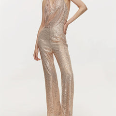 Glitter Sequined Backless Halter Neck Jumpsuit Sexy Jumpsuit