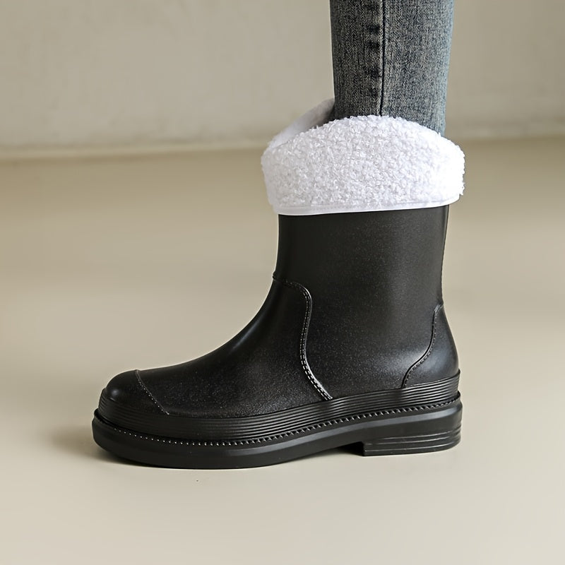 Women's Plush Short Rain Boots Low Heel Waterproof Non-slip Shoes