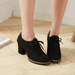 Women's Platform Chunky High Heels Micro Suede Lace Up Short Boots
