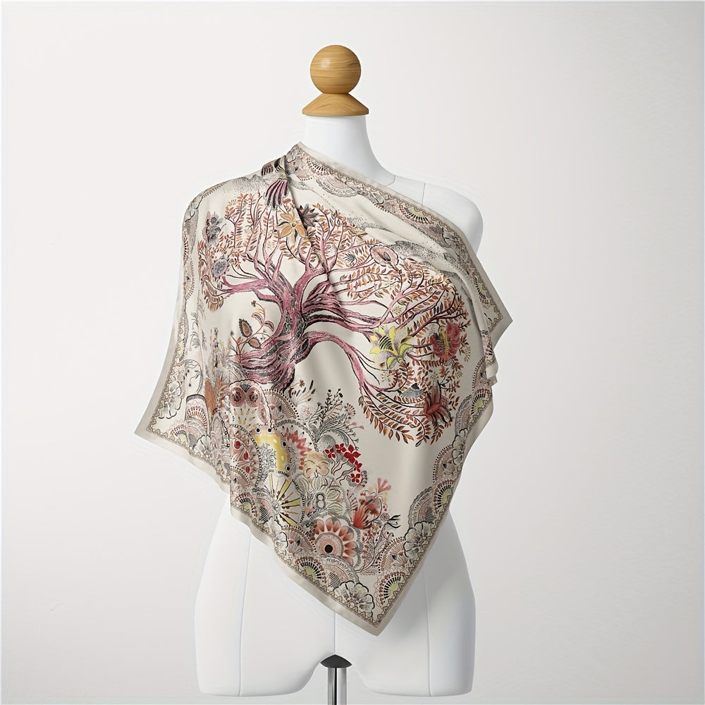 Vintage Tree Print Bandana Beige Square Scarf Boho Satin Neckerchief